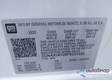 2023 Chevrolet Equinox Awd Lt from USA, damaged, VIN 3GNAXUEG9PS163110
